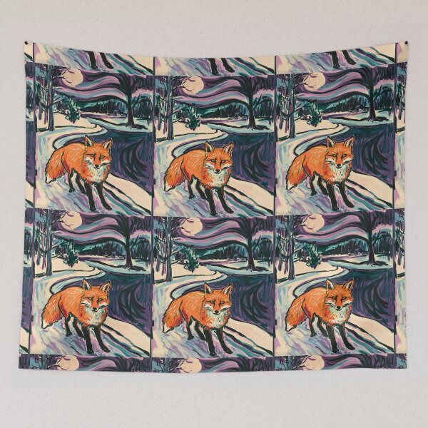 Item preview, Fox Portrait. Winter season, snowy fox, vintage fox, fox painting, Edvard Munch style designed and sold by FoxVibes.
