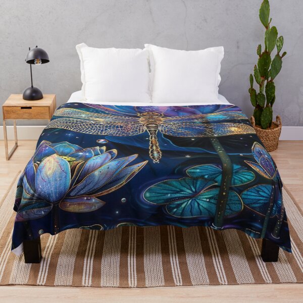 Item preview, magical glittering dragonfly over a blue lotus Lilly pond print designed and sold by dcrc.