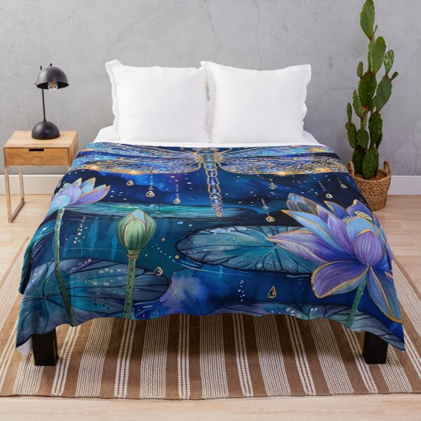Item preview, magical glittering dragonfly over a blue lotus Lilly pond print designed and sold by dcrc.