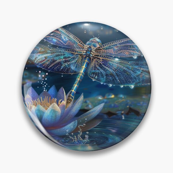 Artikelvorschau, zauberhaft glitzernde Libelle über einem blauen Lotus-Lilien-Teich-Druck entworfen und verkauft von dcrc.