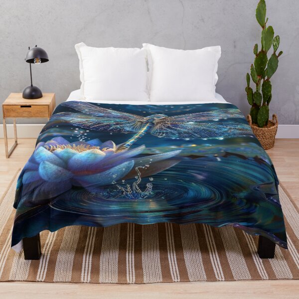 Item preview, magical glittering dragonfly over a blue lotus Lilly pond print designed and sold by dcrc.