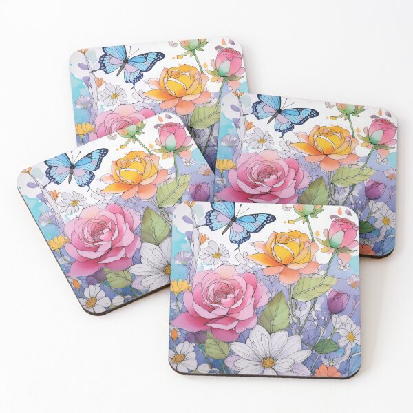 Item preview, Multi-coloured flowers and butterflies in watercolour style , pink and blue roses, beautiful wildflower floral garden designed and sold by navitalidesign.
