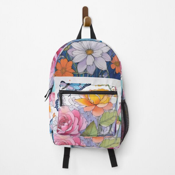 Item preview, Multi-coloured flowers and butterflies in watercolour style , pink and blue roses, beautiful wildflower floral garden designed and sold by navitalidesign.
