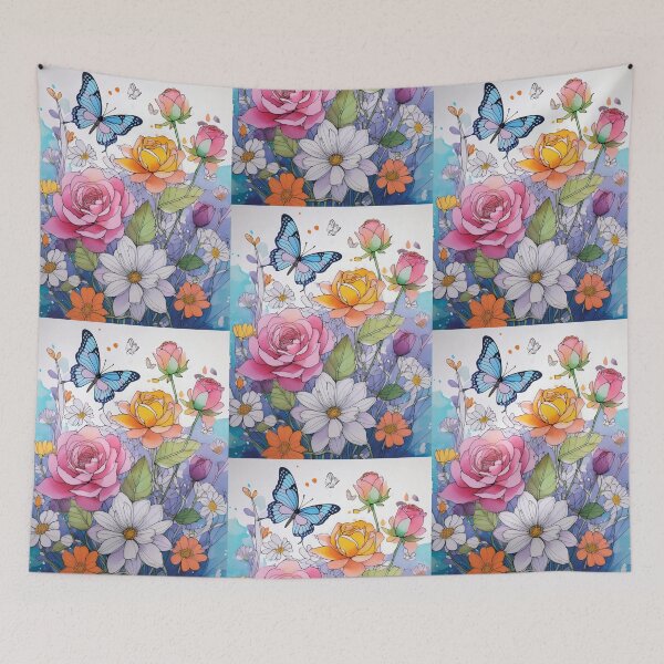 Item preview, Multi-coloured flowers and butterflies in watercolour style , pink and blue roses, beautiful wildflower floral garden designed and sold by navitalidesign.