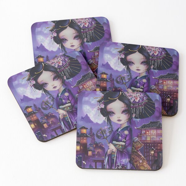 Item preview, Elegant geisha in vibrant kimono against moonlit scenery designed and sold by Artessie.