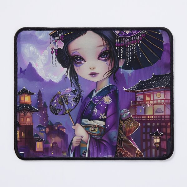 Item preview, Elegant geisha in vibrant kimono against moonlit scenery designed and sold by Artessie.