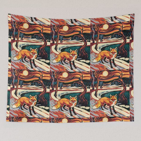 Item preview, Fox Portrait. Winter season, snowy fox, vintage fox, fox painting, Edvard Munch style designed and sold by FoxVibes.