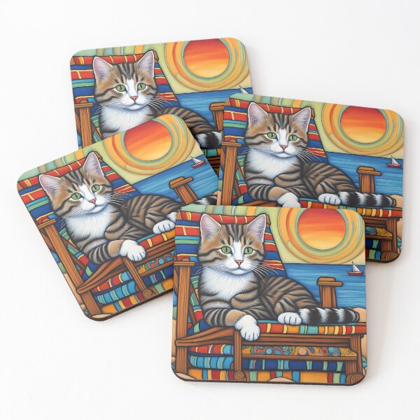 Item preview, Folk Art Kitten relaxing on a beach lounger designed and sold by Colin Bentham.