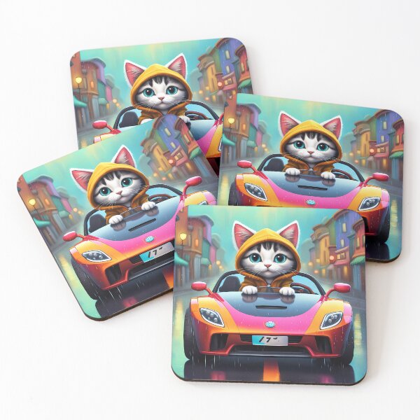 Item preview, Folk Art Kitten Driving in the rain wearing a hoodie designed and sold by Colin Bentham.