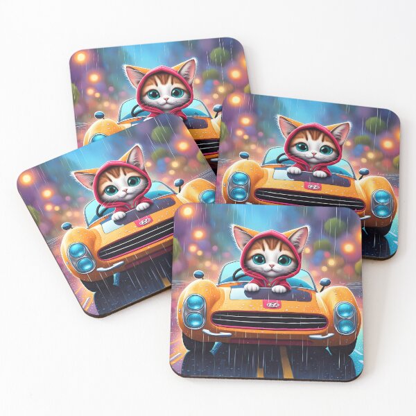 Item preview, Folk Art Kitten Driving in the rain wearing a hoodie designed and sold by Colin Bentham.