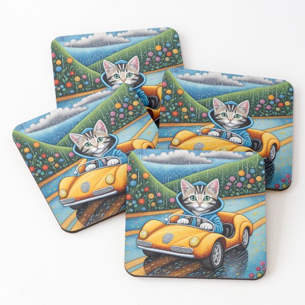 Item preview, Folk Art Kitten Driving in the rain wearing a hoodie designed and sold by Colin Bentham.