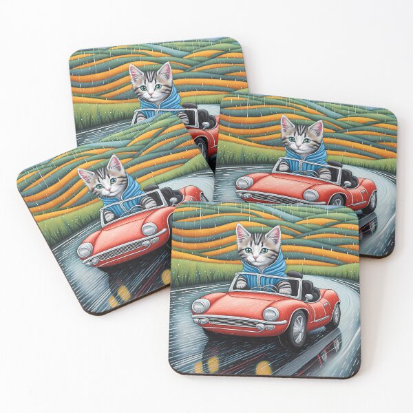 Item preview, Folk Art Kitten Driving in the rain wearing a hoodie designed and sold by Colin Bentham.