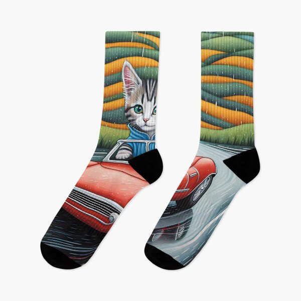 Item preview, Folk Art Kitten Driving in the rain wearing a hoodie designed and sold by Colin Bentham.