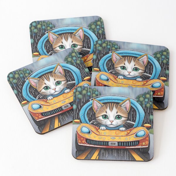 Item preview, Folk Art Kitten Driving in the rain wearing a hoodie designed and sold by Colin Bentham.