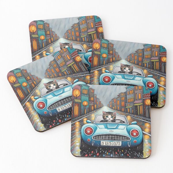 Item preview, Folk Art Kitten Driving in the rain wearing a hoodie designed and sold by Colin Bentham.