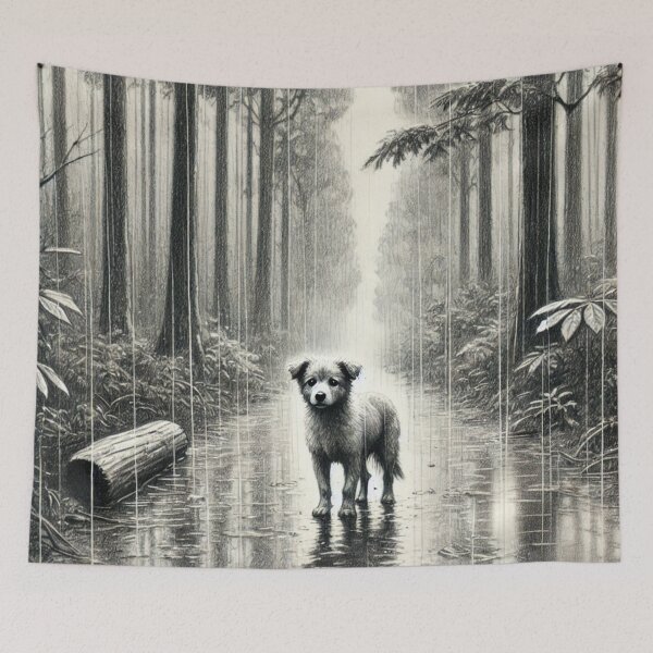 Item preview, a lonely stray dog in a rainy forest designed and sold by Dragon-Kingdom.