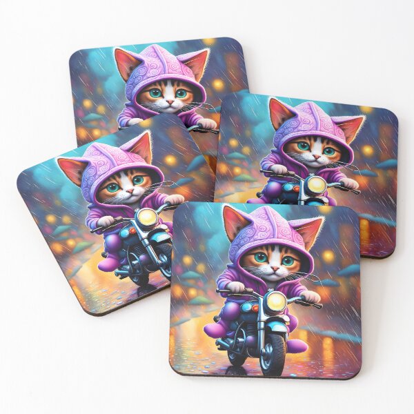 Item preview, Folk Art Kitten riding a motorbike in the rain wearing a hoodie designed and sold by Colin Bentham.