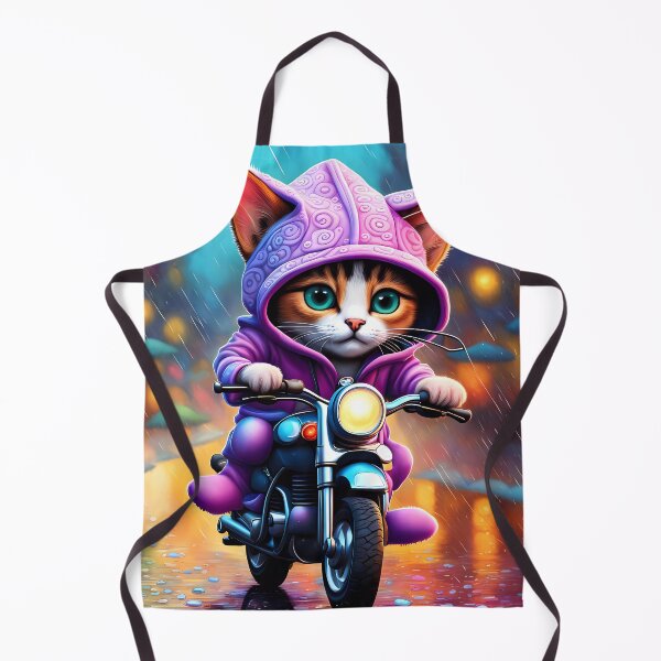 Item preview, Folk Art Kitten riding a motorbike in the rain wearing a hoodie designed and sold by Colin Bentham.