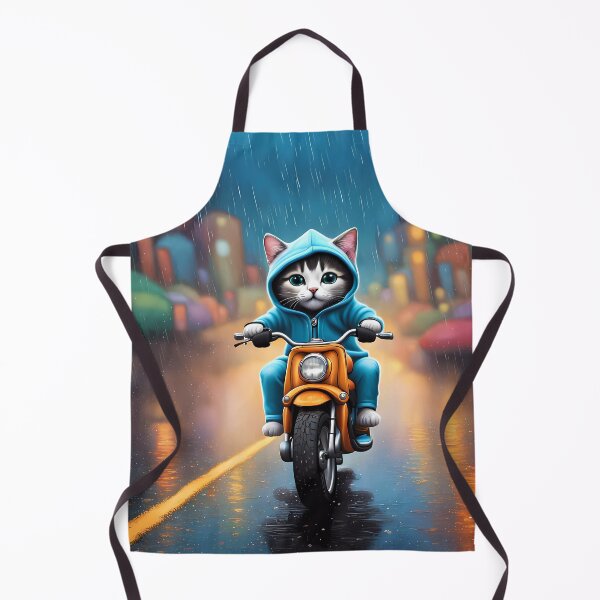 Item preview, Folk Art Kitten riding a motorbike in the rain wearing a hoodie designed and sold by Colin Bentham.