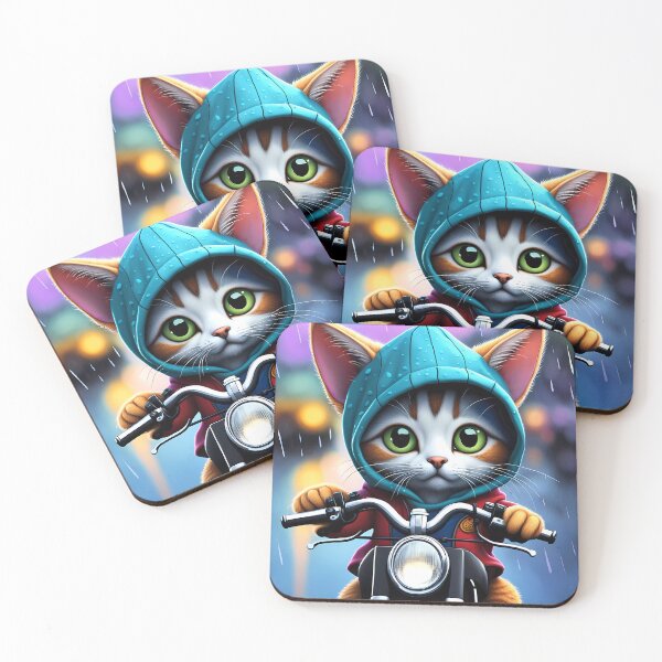 Item preview, Folk Art Kitten riding a motorbike in the rain wearing a hoodie designed and sold by Colin Bentham.