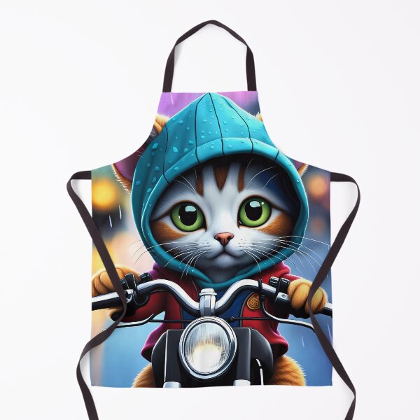 Item preview, Folk Art Kitten riding a motorbike in the rain wearing a hoodie designed and sold by Colin Bentham.