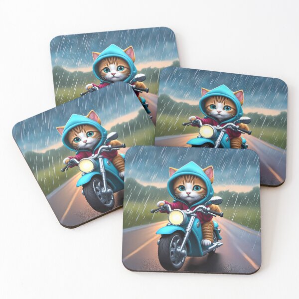 Item preview, Folk Art Kitten riding a motorbike in the rain wearing a hoodie designed and sold by Colin Bentham.