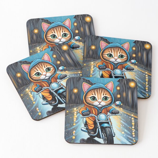 Item preview, Folk Art Kitten riding a motorbike in the rain wearing a hoodie designed and sold by Colin Bentham.