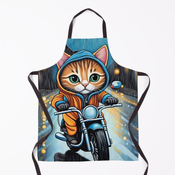Item preview, Folk Art Kitten riding a motorbike in the rain wearing a hoodie designed and sold by Colin Bentham.