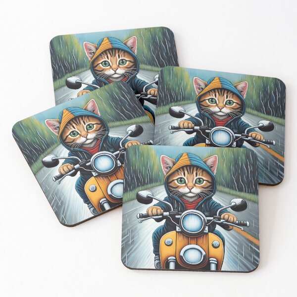 Item preview, Folk Art Kitten riding a motorbike in the rain wearing a hoodie designed and sold by Colin Bentham.