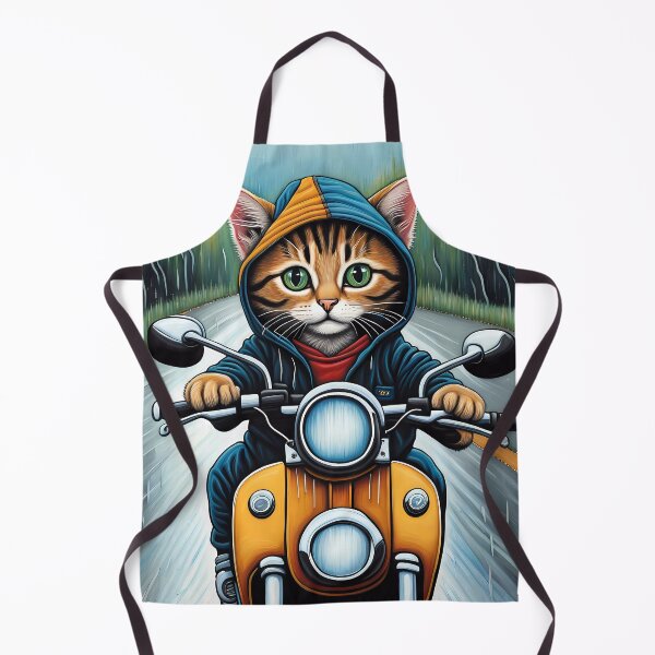 Item preview, Folk Art Kitten riding a motorbike in the rain wearing a hoodie designed and sold by Colin Bentham.