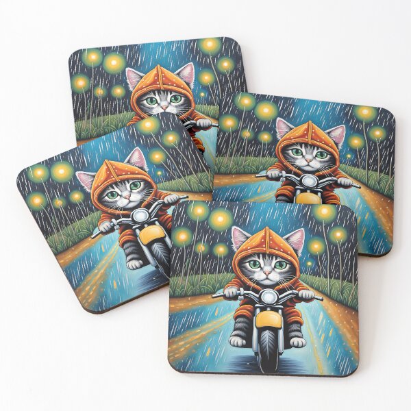 Item preview, Folk Art Kitten riding a motorbike in the rain wearing a hoodie designed and sold by Colin Bentham.