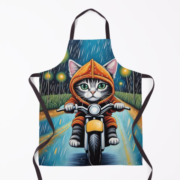 Item preview, Folk Art Kitten riding a motorbike in the rain wearing a hoodie designed and sold by Colin Bentham.