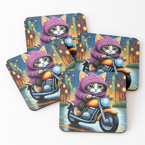 Item preview, Folk Art Kitten riding a motorbike in the rain wearing a hoodie designed and sold by Colin Bentham.