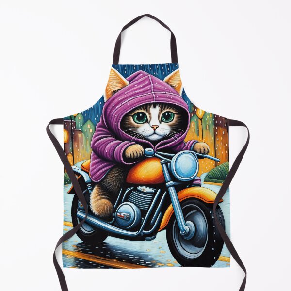 Item preview, Folk Art Kitten riding a motorbike in the rain wearing a hoodie designed and sold by Colin Bentham.