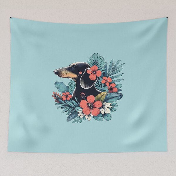 Item preview, Cute dachshund silhouette and colorful tropical flowers, dachshund lovers, gift for dachshund lovers designed and sold by Collagedream.