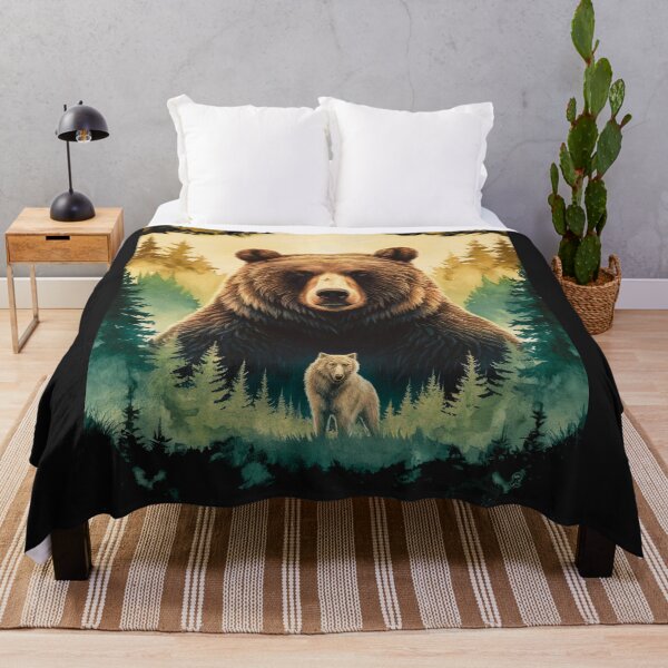 Item preview, Large bear sitting beside a dog against a forest background designed and sold by AnimalsDH305.