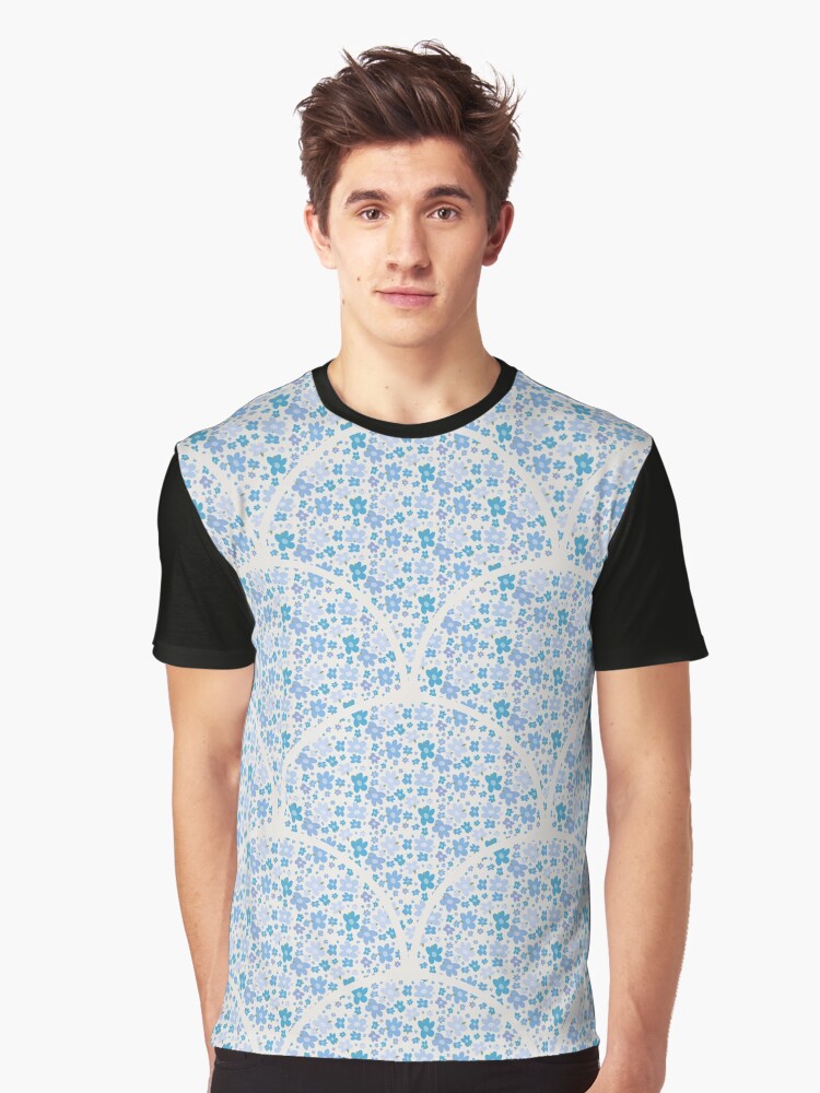 Graphic T-Shirt, Retro Florals Berry Blues Art Deco Scallop designed and sold by Triplicate Limited