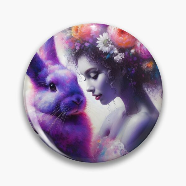 Item preview, Purple fluffy rabbit with floral hair woman artwork portraiture designed and sold by EmeraldeaArt.