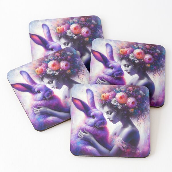 Item preview, Purple fluffy rabbit with floral hair woman artwork portraiture designed and sold by EmeraldeaArt.