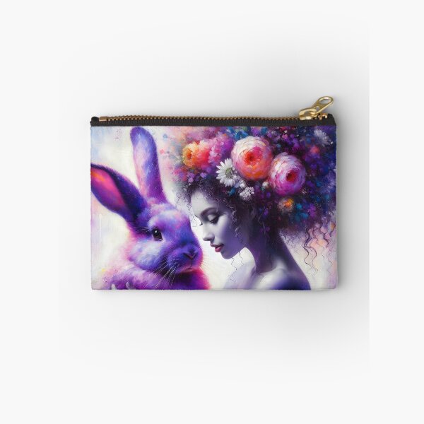 Item preview, Purple fluffy rabbit with floral hair woman artwork portraiture designed and sold by EmeraldeaArt.