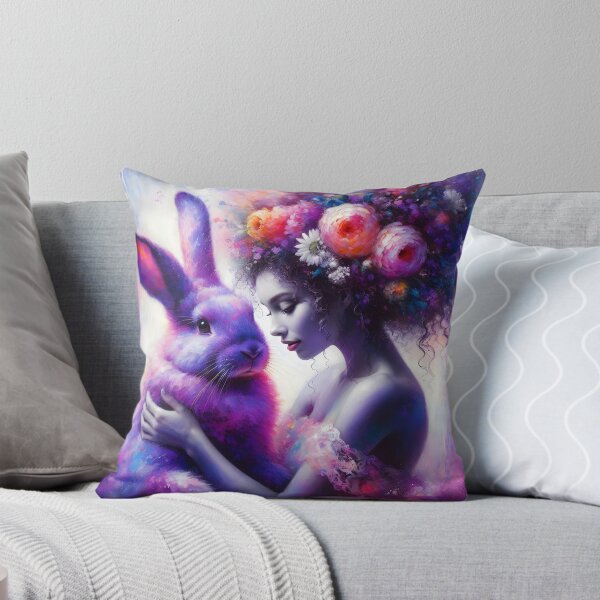 Item preview, Purple fluffy rabbit with floral hair woman artwork portraiture designed and sold by EmeraldeaArt.