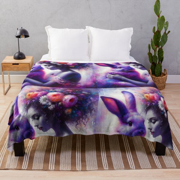 Item preview, Purple fluffy rabbit with floral hair woman artwork portraiture designed and sold by EmeraldeaArt.