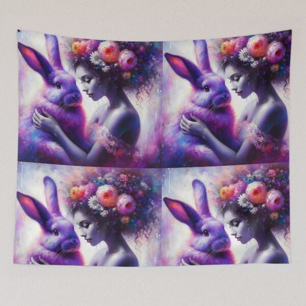Item preview, Purple fluffy rabbit with floral hair woman artwork portraiture designed and sold by EmeraldeaArt.