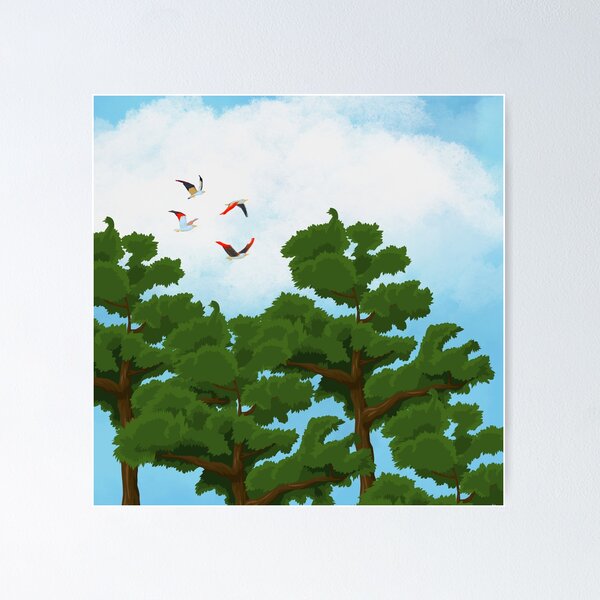 Item preview, Colorful Birds in Flight Over Verdant Trees designed and sold by PratikG24.