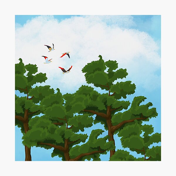 Item preview, Colorful Birds in Flight Over Verdant Trees designed and sold by PratikG24.