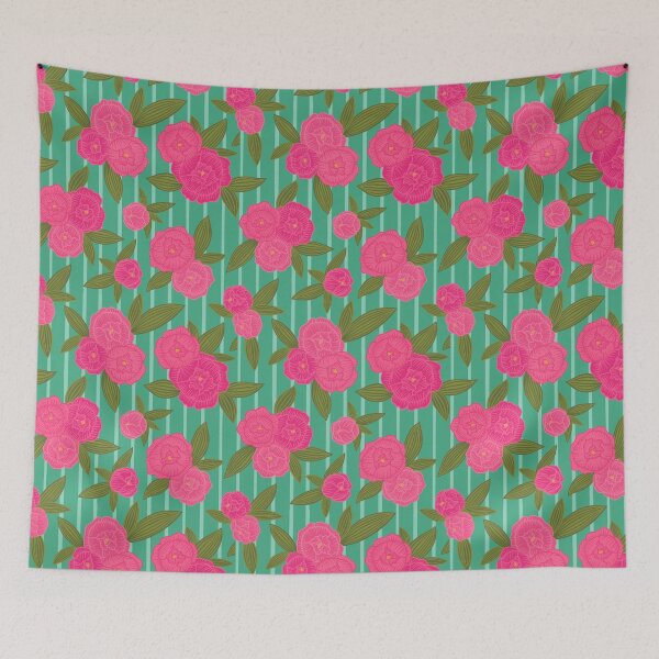Item preview, Preppy pinstripe peonies vivid pink designed and sold by Handypanda.