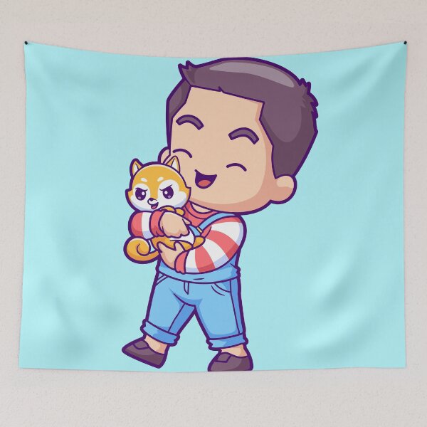Item preview, Cute Boy Holding Shiba Inu Dog Cartoon Vector Icon designed and sold by hjian8219.