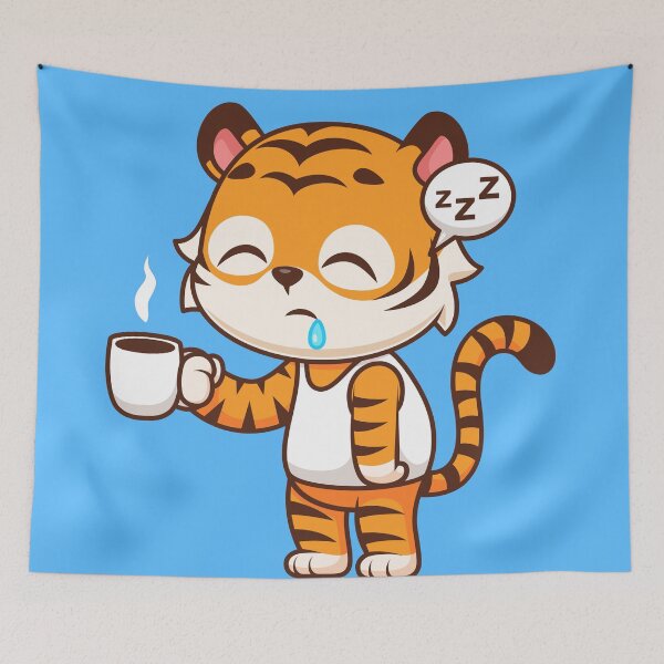 Item preview, Cute Sleepy Tiger Holding Coffee Cartoon Vector Icon designed and sold by hjian8219.