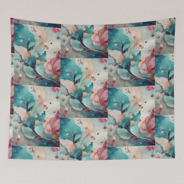 Item preview, Abstract neutral colours leafy pattern pink pastel, teal feathery textures designed and sold by navitalidesign.