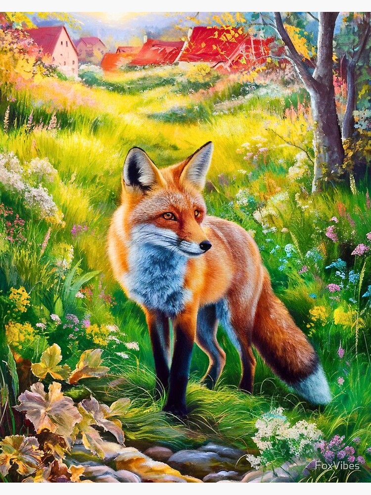 Thumbnail 2 of 2, Art Board Print, Fox Portrait. Spring season, floral fox, vintage fox, fox painting, Camille Pissarro style designed and sold by FoxVibes.